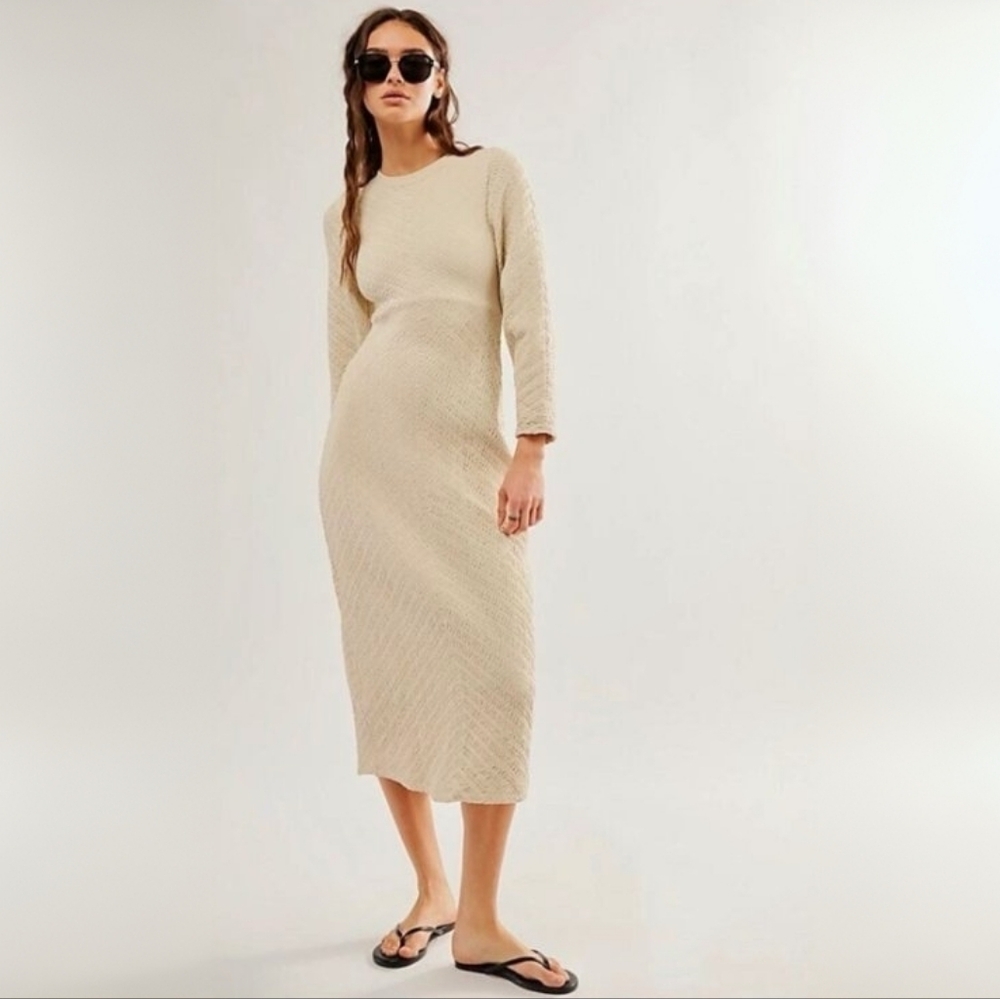 NWT Free People Textured Cottage Knit Midi Dress Neutral Ivory Open Back M/L